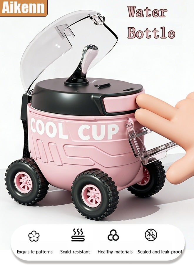 Aikenn Kids Water Bottle for School or Travel, 550ML, Gliding Car Design, Plastic Water Bottle with Straw, Handle and Leak-Proof Design, Pop-Up Spout Cover, Pink - Image 1